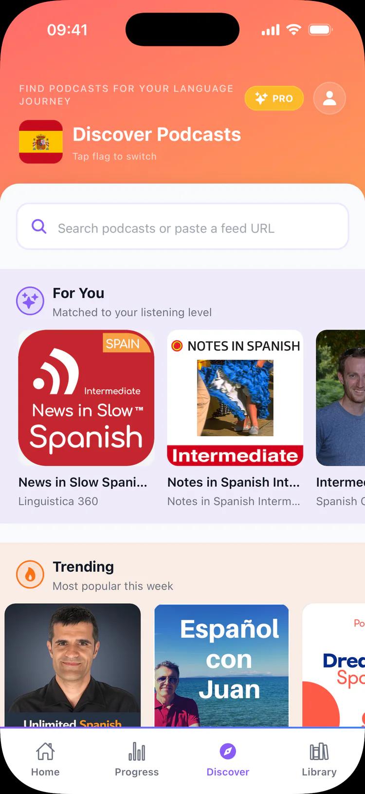 Discover screen with For You and Trending Spanish podcasts