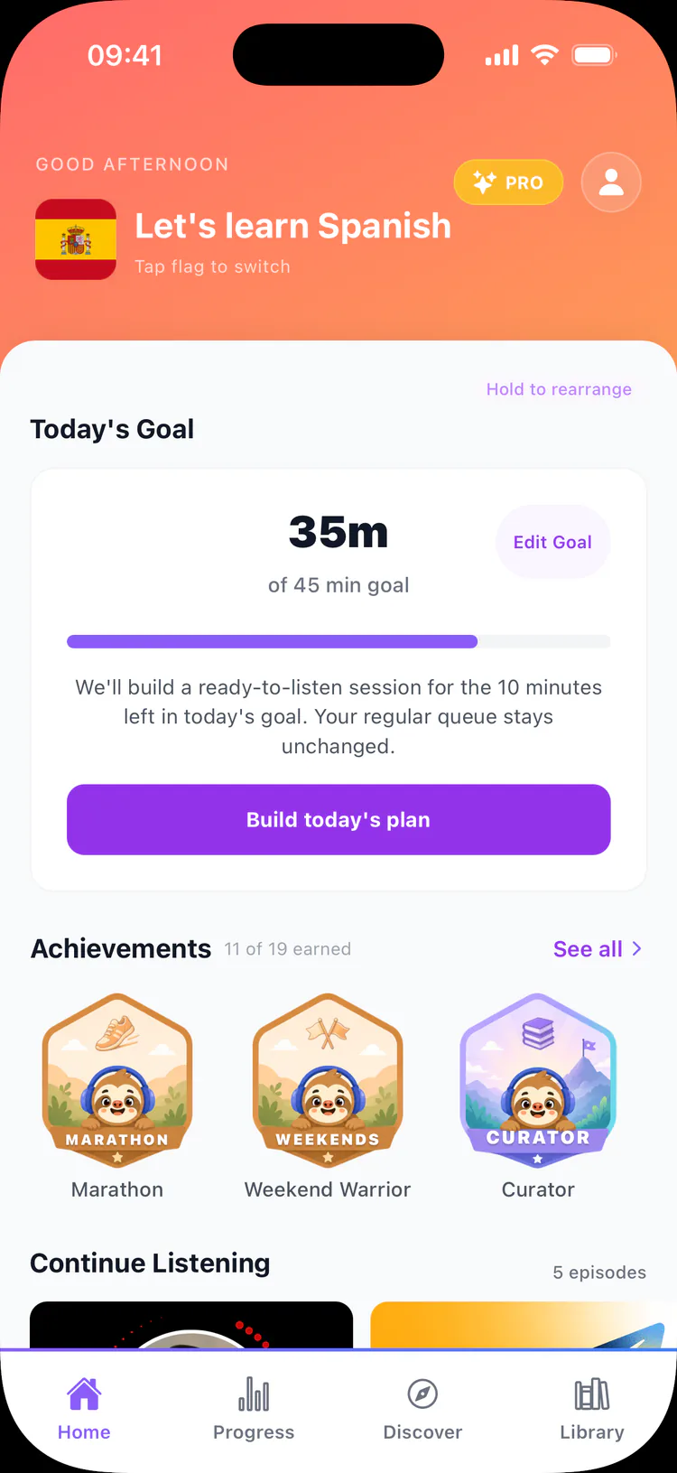 PolyPod home screen: 35 of today's 45 minute Spanish goal, with a button to build today's plan
