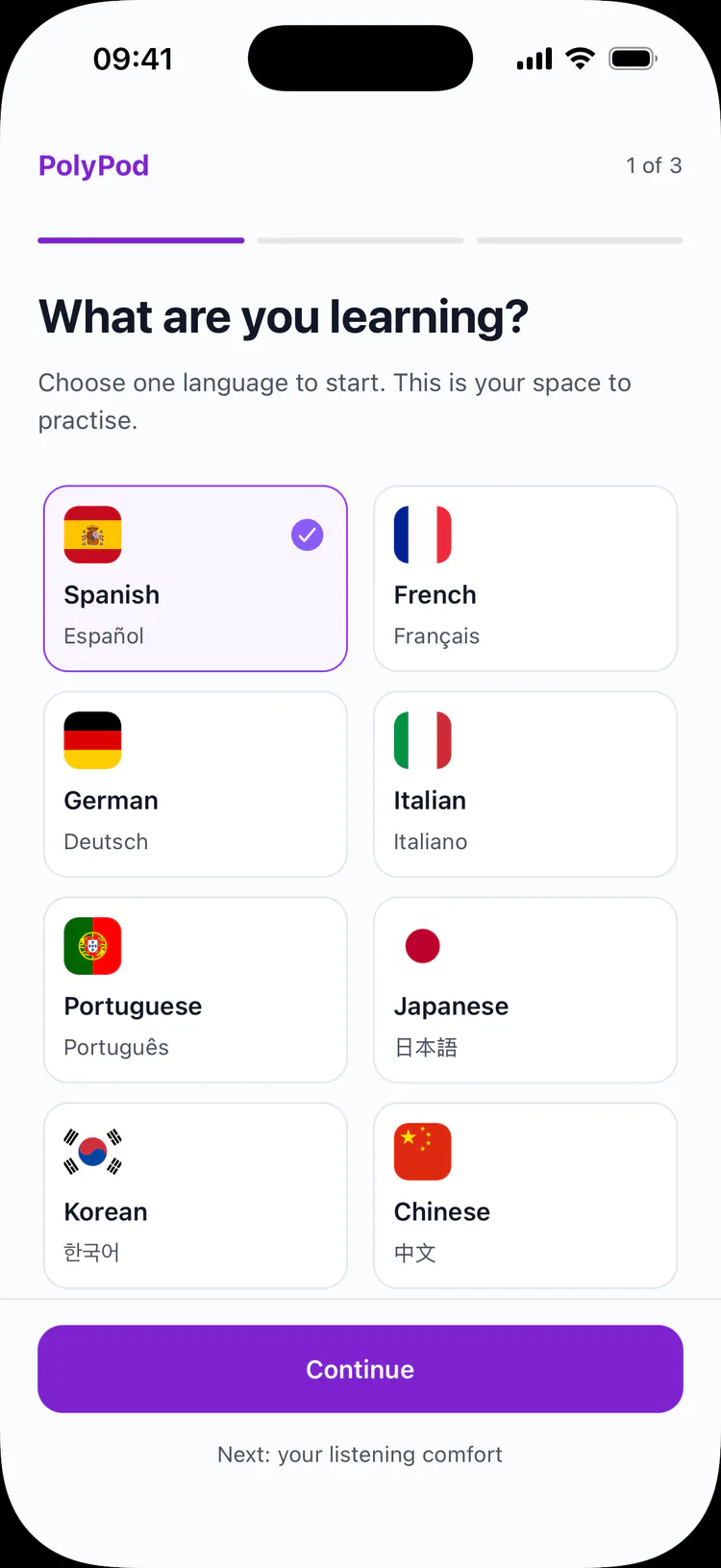 Language picker with Spanish, French, German, Italian, Portuguese, Japanese, Korean and Chinese