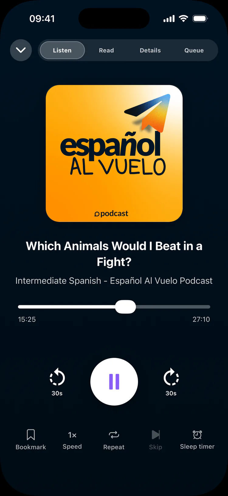 Player playing an Español al Vuelo episode, with bookmark, speed, repeat and sleep timer controls