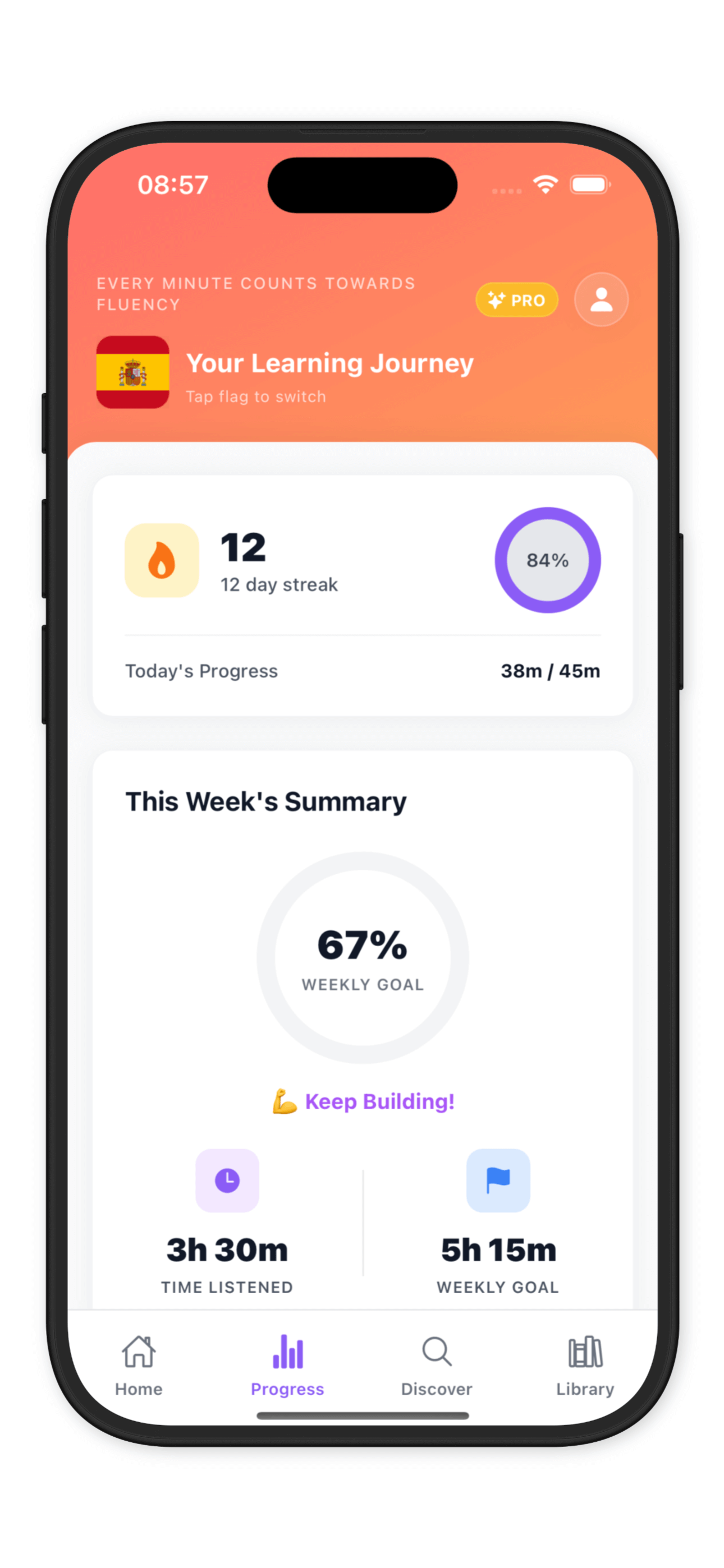 Progress tracking with streaks and goals